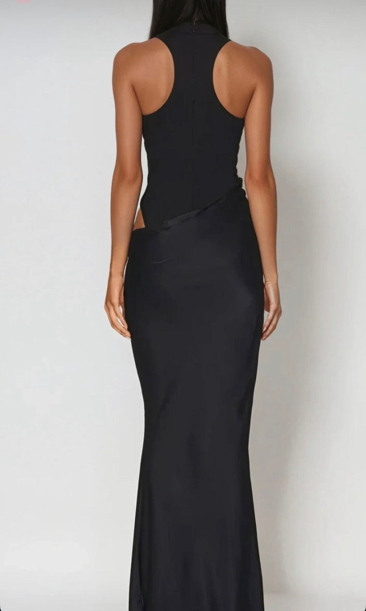 Black high neck bodysuit dress  with cut-out design on a white background