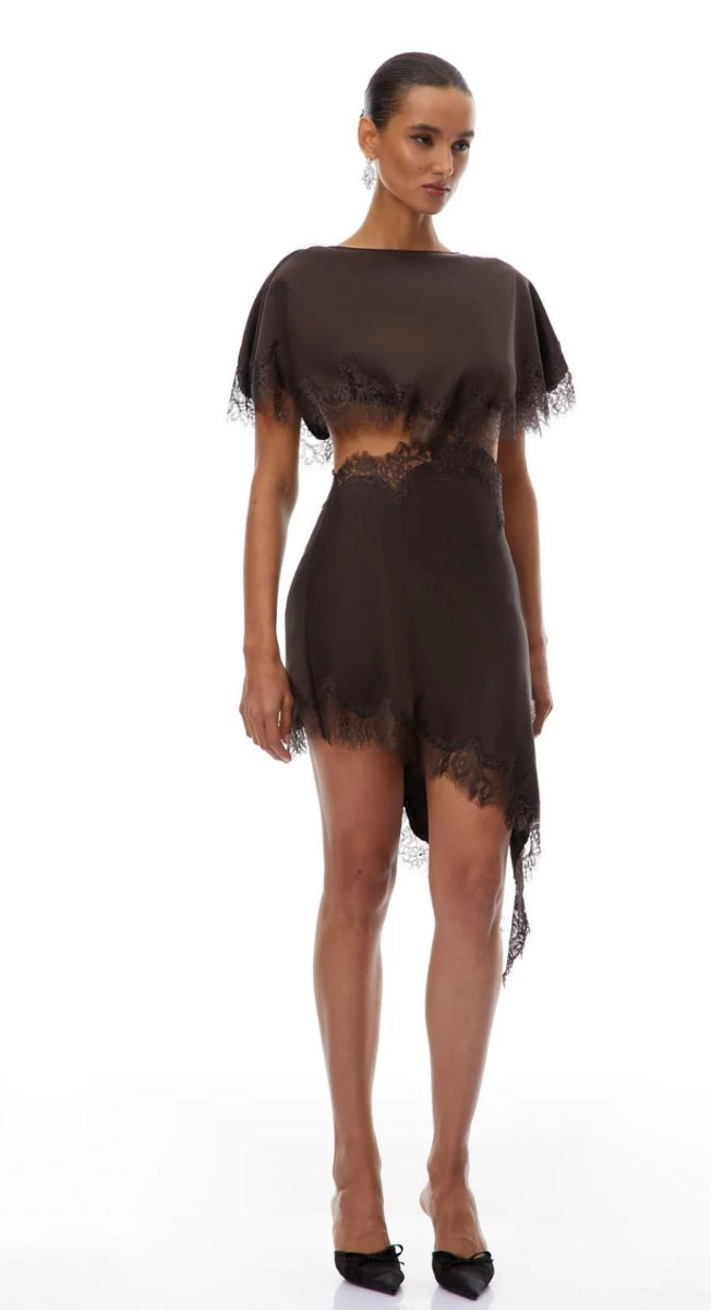 Woman wearing a brown dress with lace details on a white background