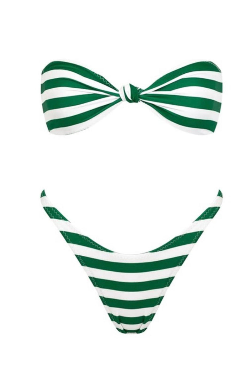 Green and white striped bikini set on a white background