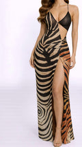 Zebra print dress with a high slit on a white background