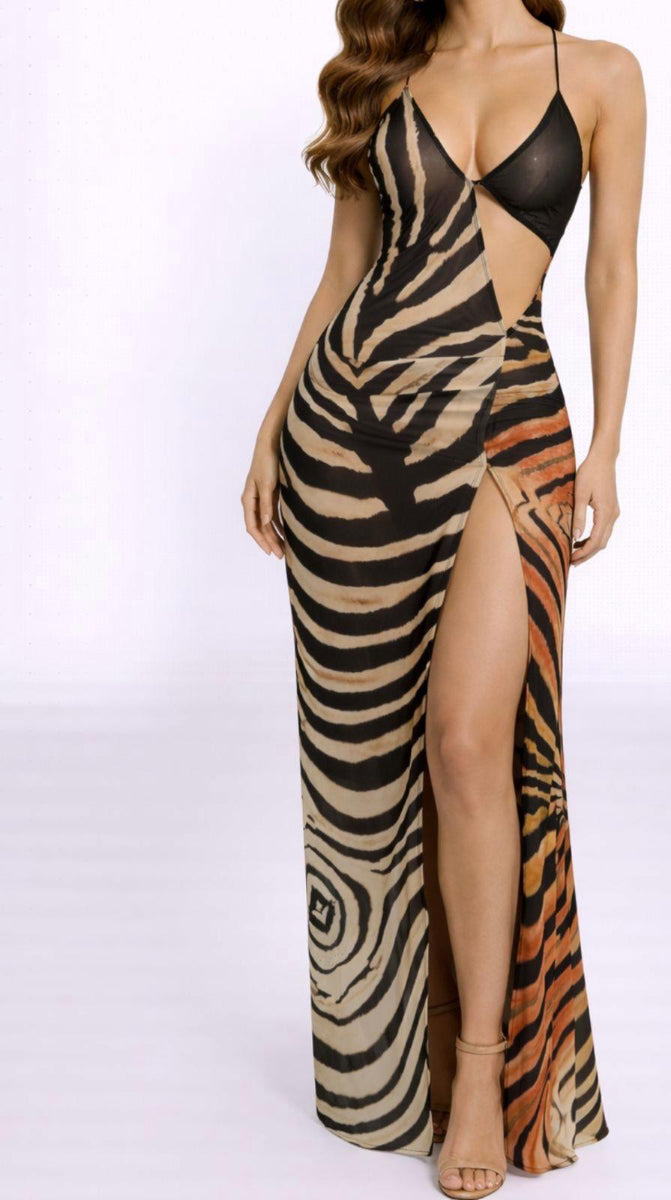 Zebra print dress with a high slit on a white background